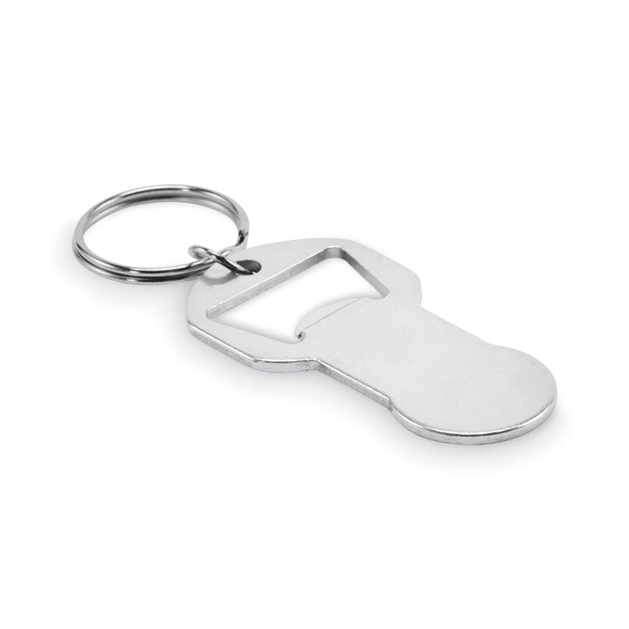 Sleutelhanger met winkelwagenmunt en flesopener, zilver