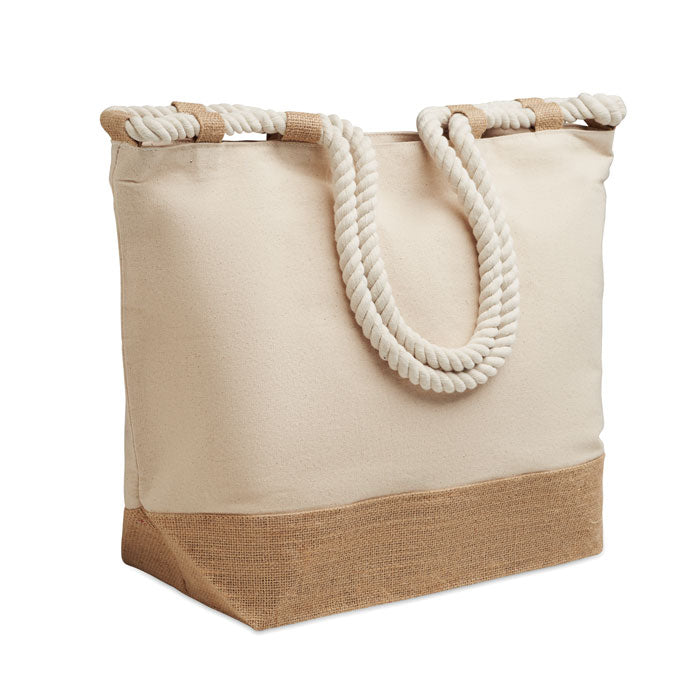Strandtas van katoen en jute, beige