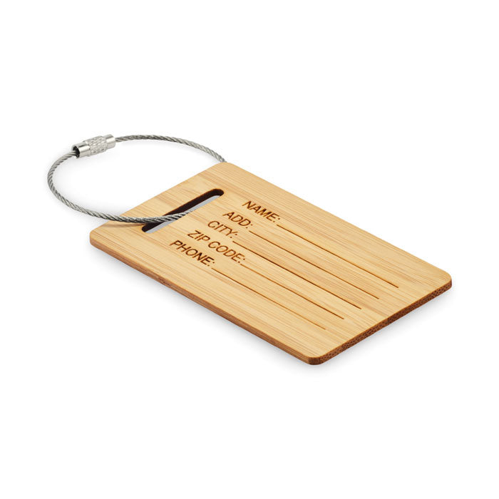 Bagagelabel van bamboe met stalen kabel, hout