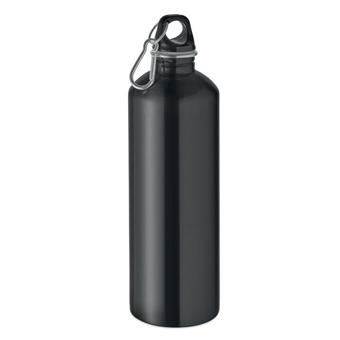 Fles 1 liter van gerecycled roestvrij staal met karabijnhaak, zwart