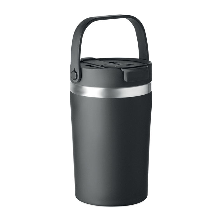 Dubbelwandige drinkbeker met rietjesdop, 350 ml, zwart