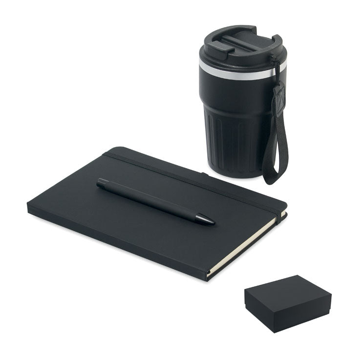 Giftset notitieboek, pen en thermobeker, zwart