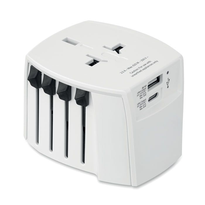 Universele reisadapter met USB-A en Type-C, wit