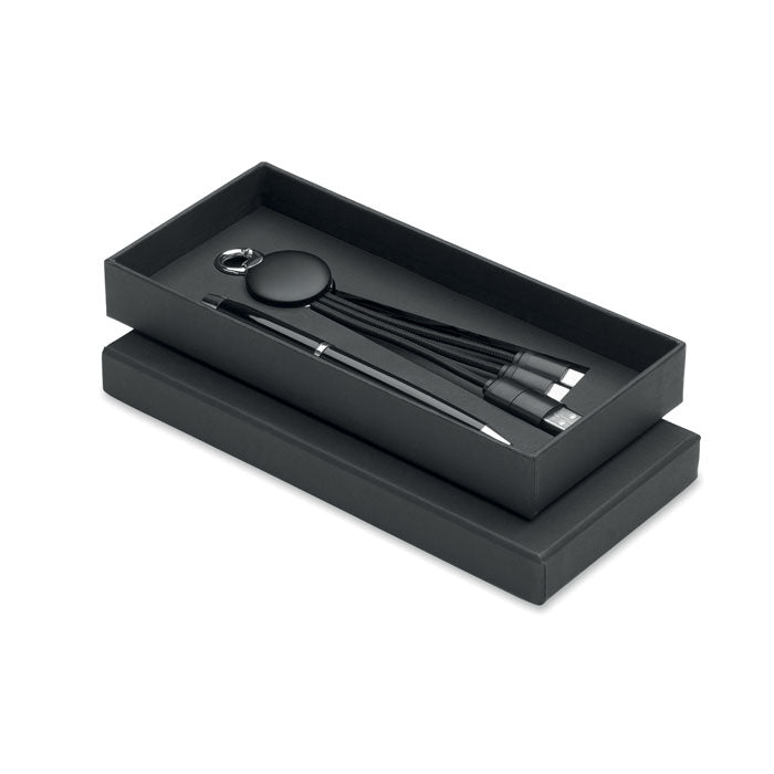Geschenkset pen en sleutelhanger met oplaadkabel, zwart