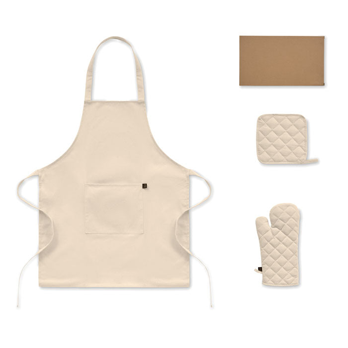 Keukenset van schort, pannenlap en ovenwant, beige