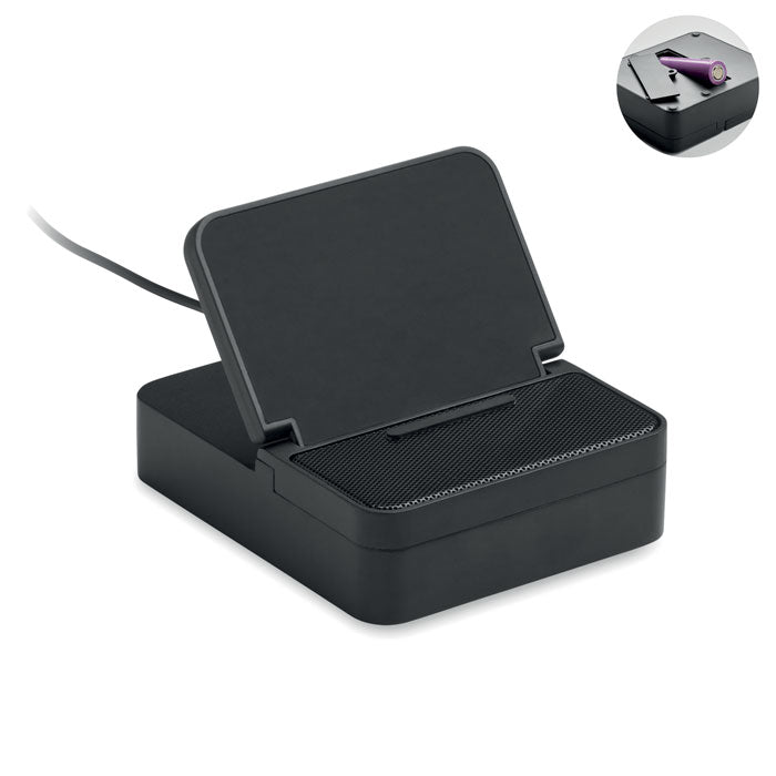Speaker met draadloze telefoonoplader en houder, zwart