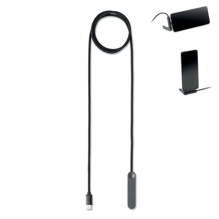 Oplaadkabel USB-C met ingebouwde telefoonstandaard, 1 m, zwart