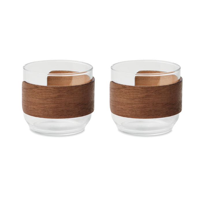 Set van 2 glazen koffiekopjes met houten handvat, hout
