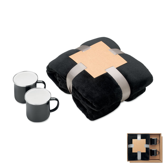 Geschenkset deken en 2 mokken in kraft geschenkdoos, zwart