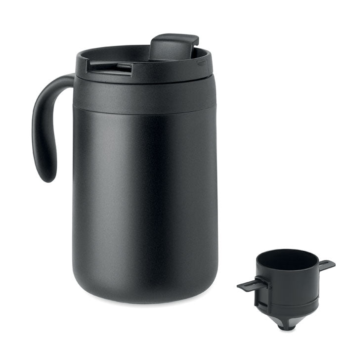 Dubbelwandige koffiemok, 450 ml, met herbruikbaar filter, zwart