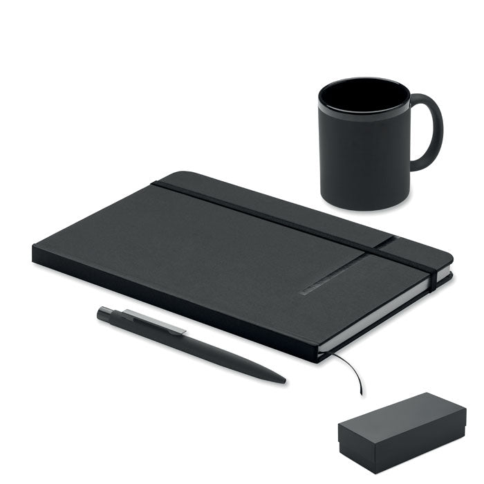 Geschenkset met notitieboek, balpen en mok, zwart