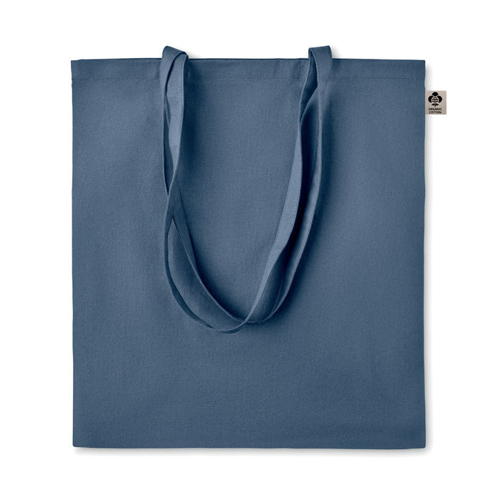Boodschappentas van organisch katoen, gekleurde hengsels, blauw
