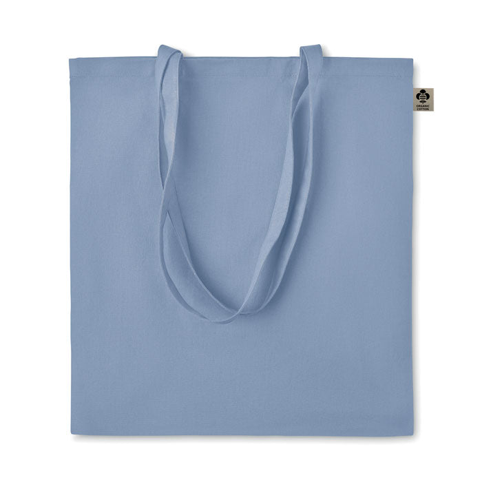 Boodschappentas van organisch katoen, gekleurde hengsels, babyblauw
