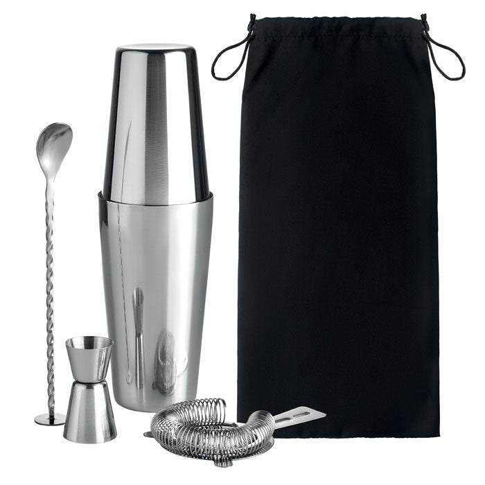 Cocktailset met shaker in opbergzak, glanzend zilver