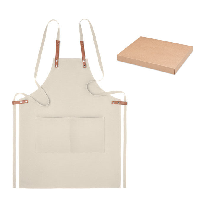 Keukenschort van organisch katoen met 2 voorzakken, beige