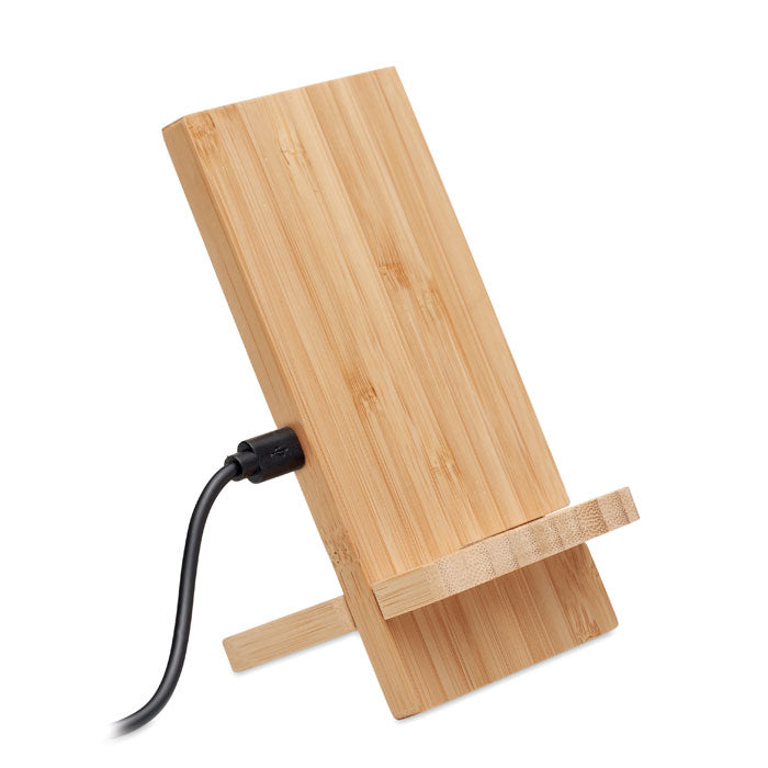 Draadloze oplader met telefoonstandaard van bamboe, hout