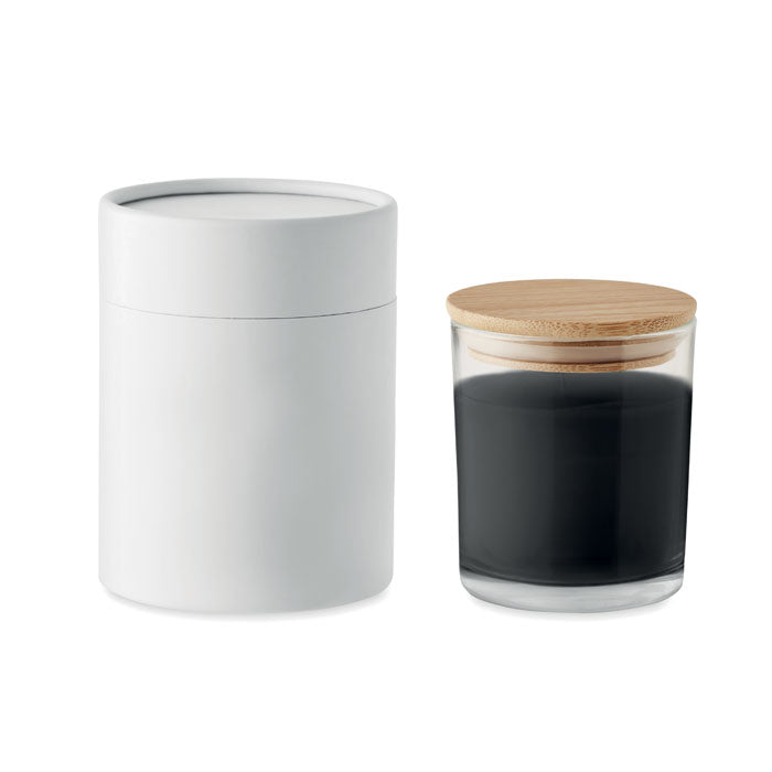 Waskaars in glas met bamboe deksel, vanille, zwart