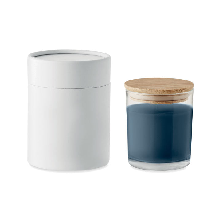 Waskaars in glas met bamboe deksel, vanille, marineblauw