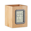 Pennenbak van bamboe met klok en thermometer, hout