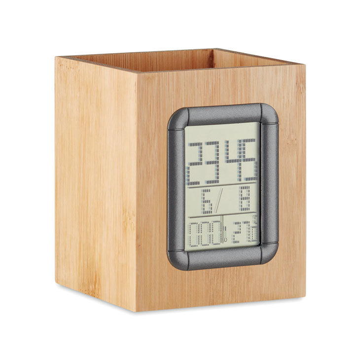 Pennenbak van bamboe met klok en thermometer, hout