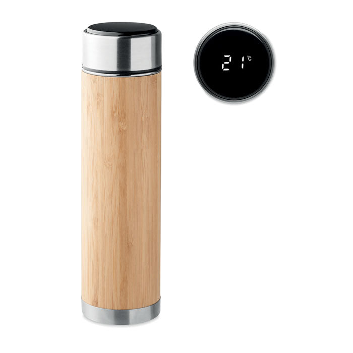 Thermosfles met LED-thermometer in de dop, 480 ml, hout