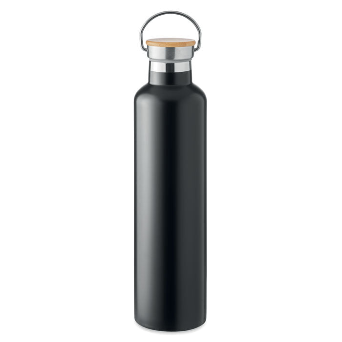 Isoleerfles met bamboe deksel, 1 liter, zwart