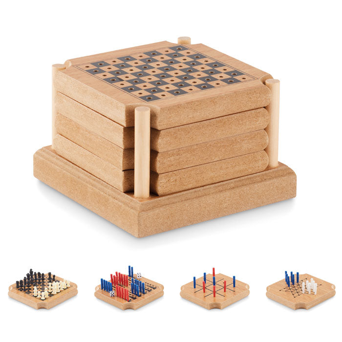 Onderzetters met 4 ingebouwde bordspellen, hout