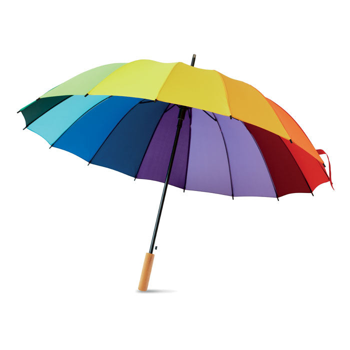 Paraplu 27 inch met regenboogdessin en houten handvat, multicolour