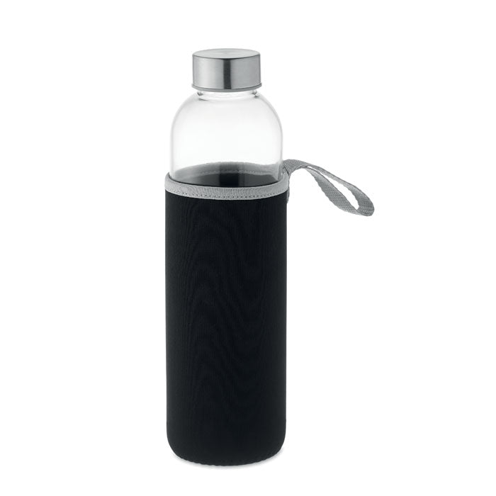 Drinkfles 750 ml van glas met beschermhoes, zwart