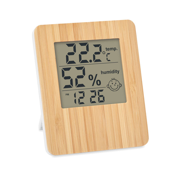 Weerstation met klok, thermometer en kalender, hout