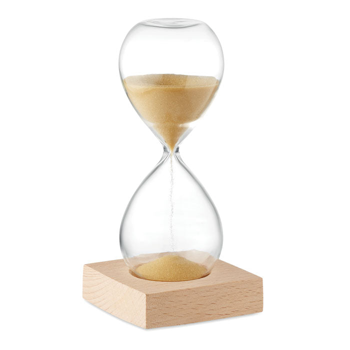 Zandloper 5 minuten op houten voet, beige