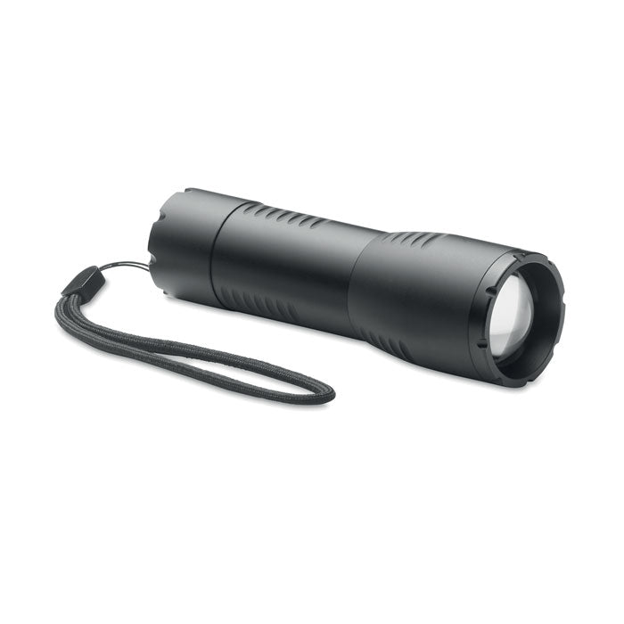 Zoombare LED-zaklamp van aluminium, zwart