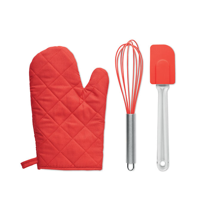 Bakset met ovenwant, garde en spatel, rood