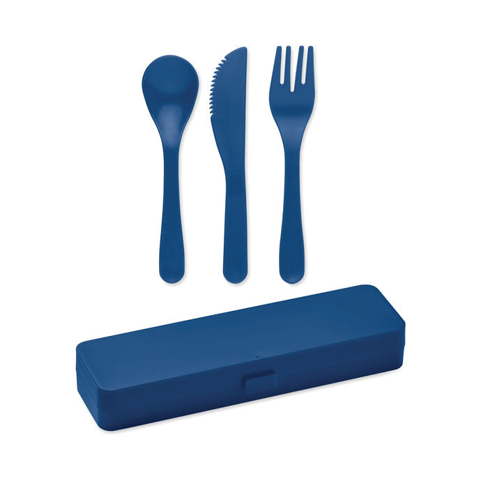 Bestekset in etui, lepel vork en mes, blauw
