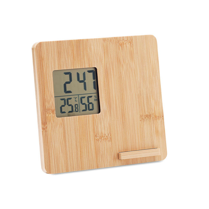 Draadloze oplader met klok en weerstation, bamboe, hout