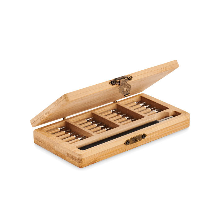 Precisieschroevendraaierset in bamboe koffer, hout