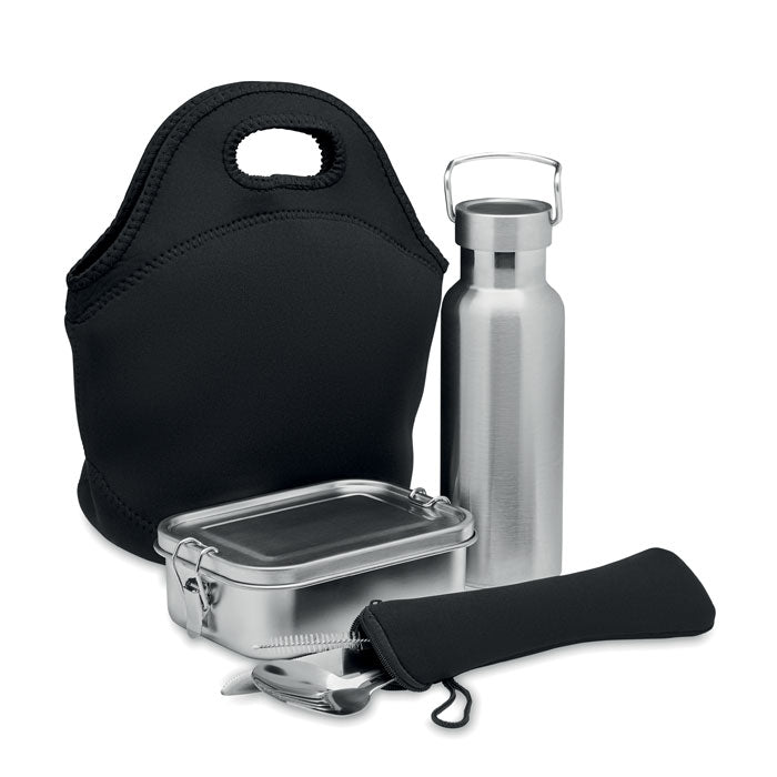 Lunchset met fles, lunchbox en bestek, zwart