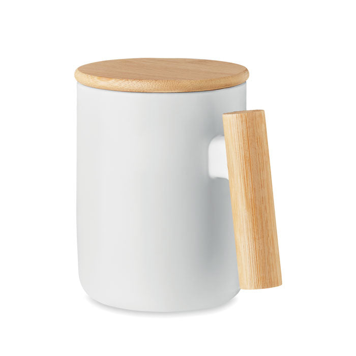Porseleinen mok met bamboe deksel, wit
