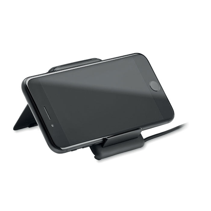 Draadloze oplader met kabelopslag en telefoonstandaard, zwart