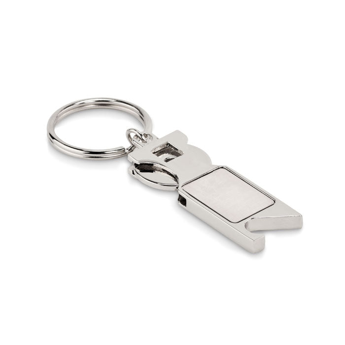 Sleutelhanger met winkelwagenmuntje en flesopener, mat zilver