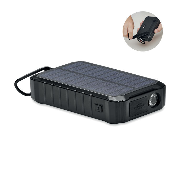 Powerbank 8000 mAh met zonnepaneel en handzwengel, zwart