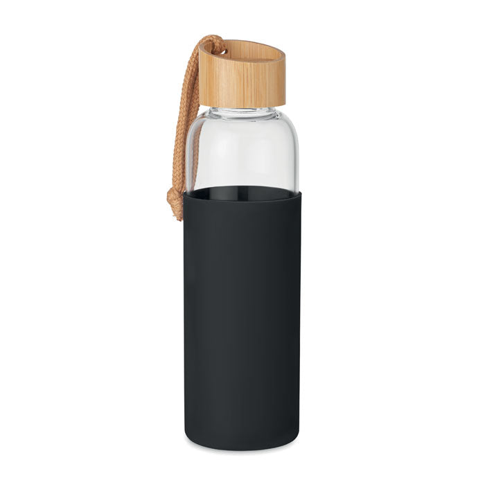 Drinkfles 500 ml van glas met siliconenhoes, zwart