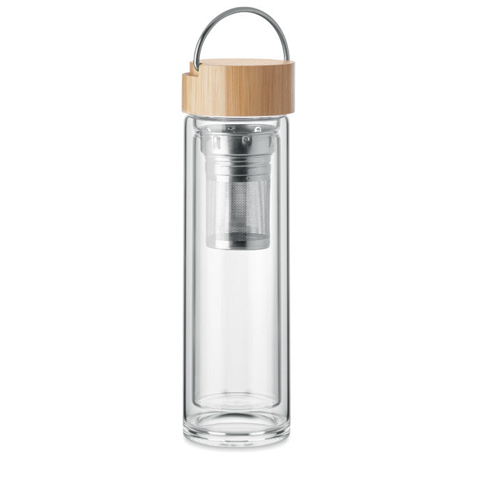 Theefles 400 ml met theezeef, dubbelwandig, transparant