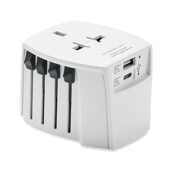 Wereldreisadapter met USB-C en USB-A, wit