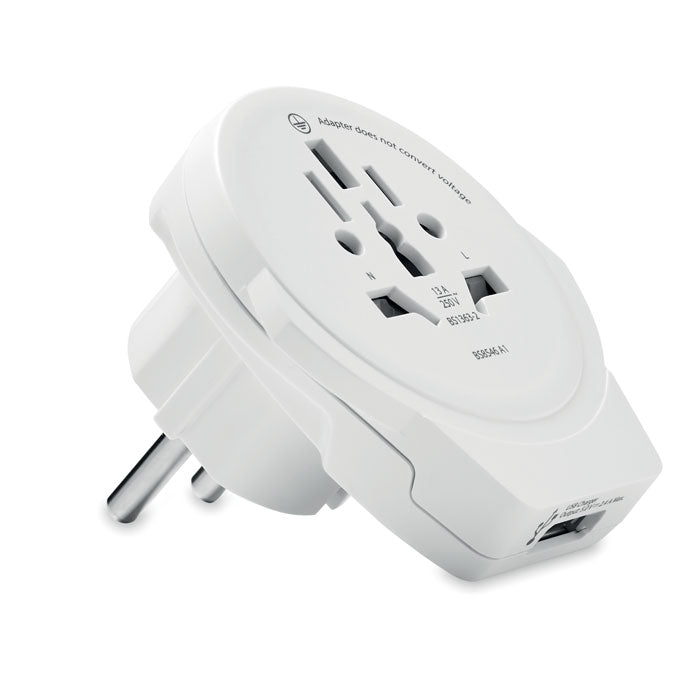 Reisadapter wereld naar Europa met USB-A, wit