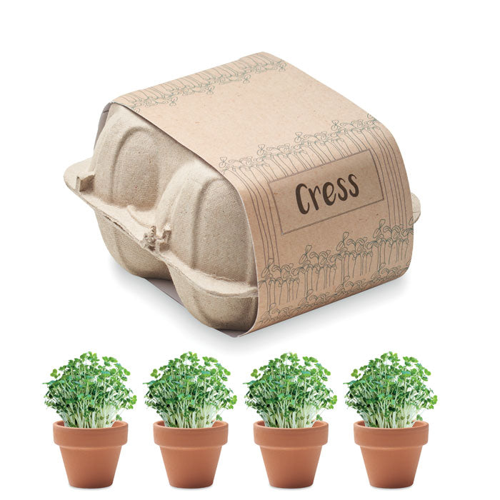 Terracotta kweekpotjes met tuinkerszaad, set van 4, beige