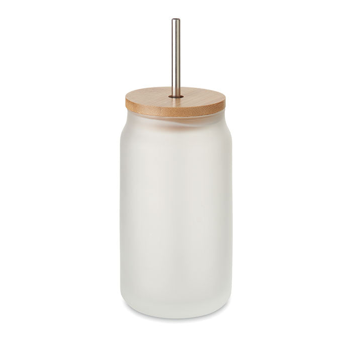 Weckpot 400 ml met bamboe deksel en rietje, transparant wit