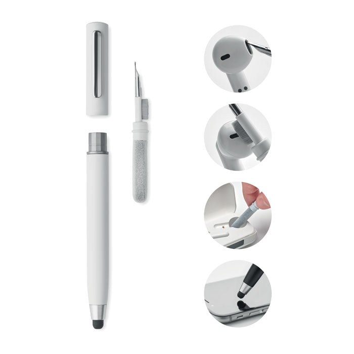 Balpen met stylus en reinigingssetje voor oordopjes, wit