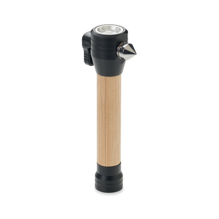 3-in-1 zaklamp met noodhamer en gordelsnijder, hout