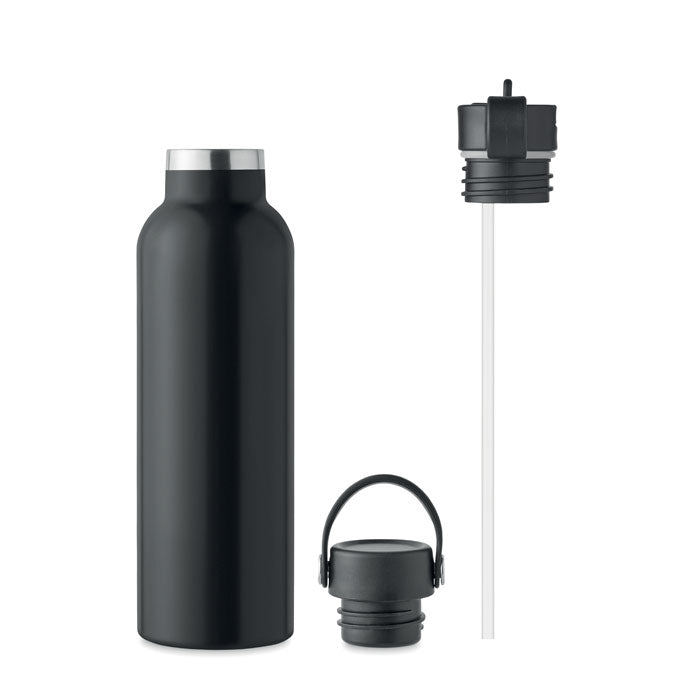 Thermosfles 700 ml van gerecycled RVS met rietje, zwart